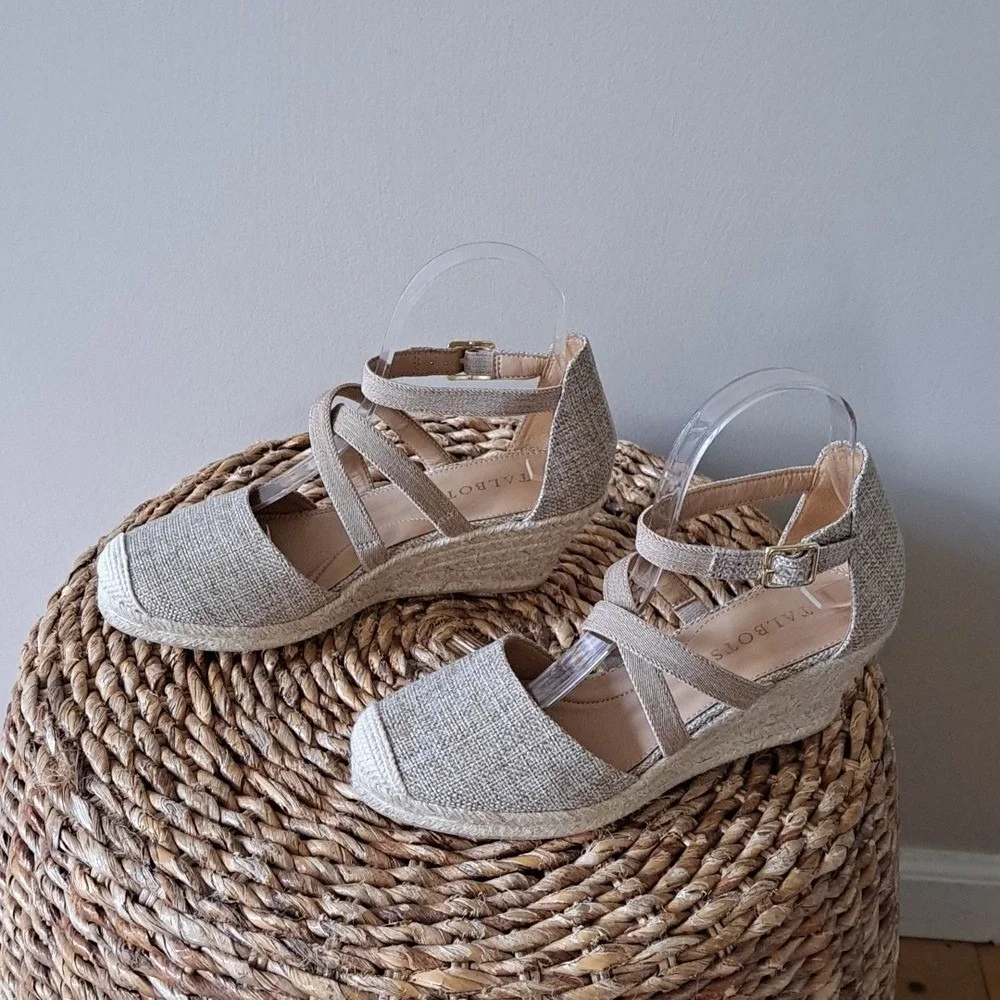 Talbots Womens Lyndsay Strappy Beige Woven Canvas Wedge Espadrille Sandals S-7